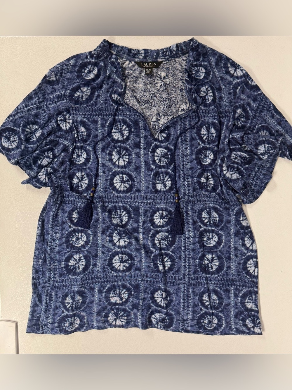 LRL Ralph Lauren Black Label Blouse Tie Dye Blue Linen Tassel Colorful Women XL